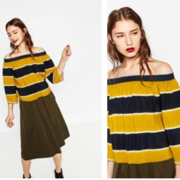 𝅺ZARA Basic striped off the shoulder shirt yellow blue sz Medium - Picture 2 of 10